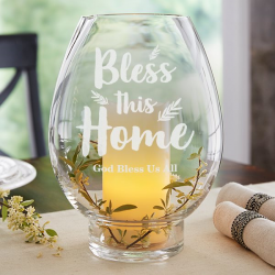 Bless This House 10 Inch Hurricane Candle Holder With LED Candle