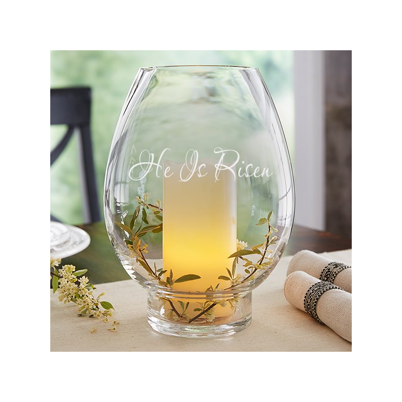 He Is Risen 10 Inch Hurricane Candle Holder With LED Candle
